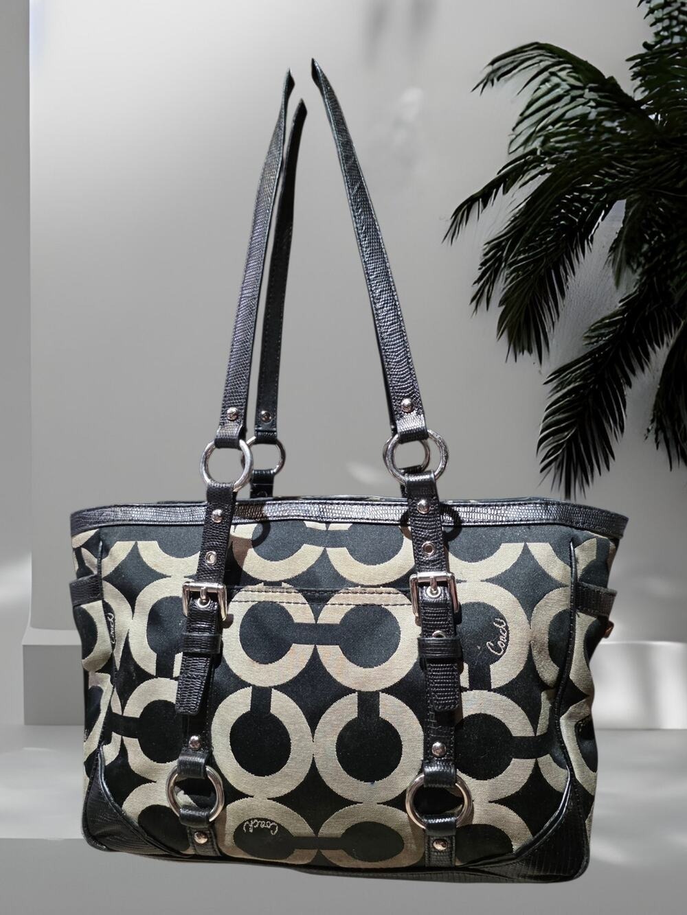 EUC RARE COACH VINTAGE Y2K GALLERY OPTIC SIGNATURE C BLACK GREY TOTE BAG PURSE